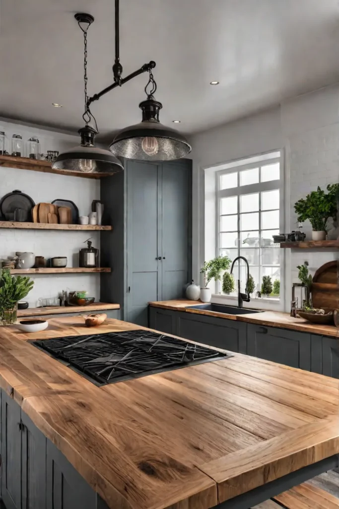 Farmhouse kitchen with distressed wood island and cutting board