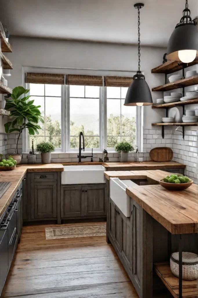 Farmhouse kitchen with distressed wood island and dishwasher