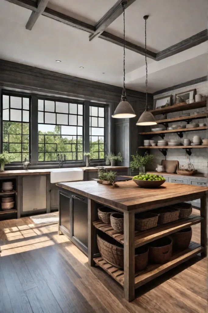 Farmhouse kitchen with distressed wood island and farmhouse sink