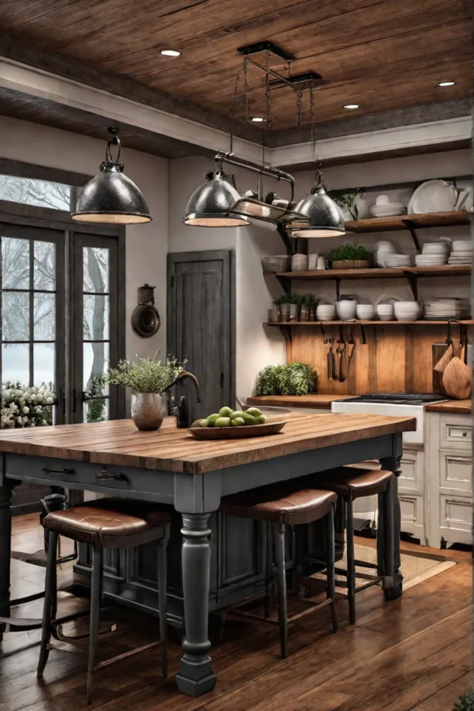 Farmhouse kitchen with distressed wood island and hanging pot rack