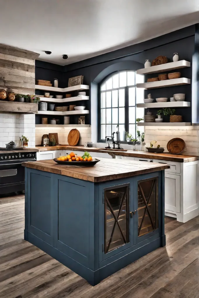 Farmhouse kitchen with distressed wood island and oven