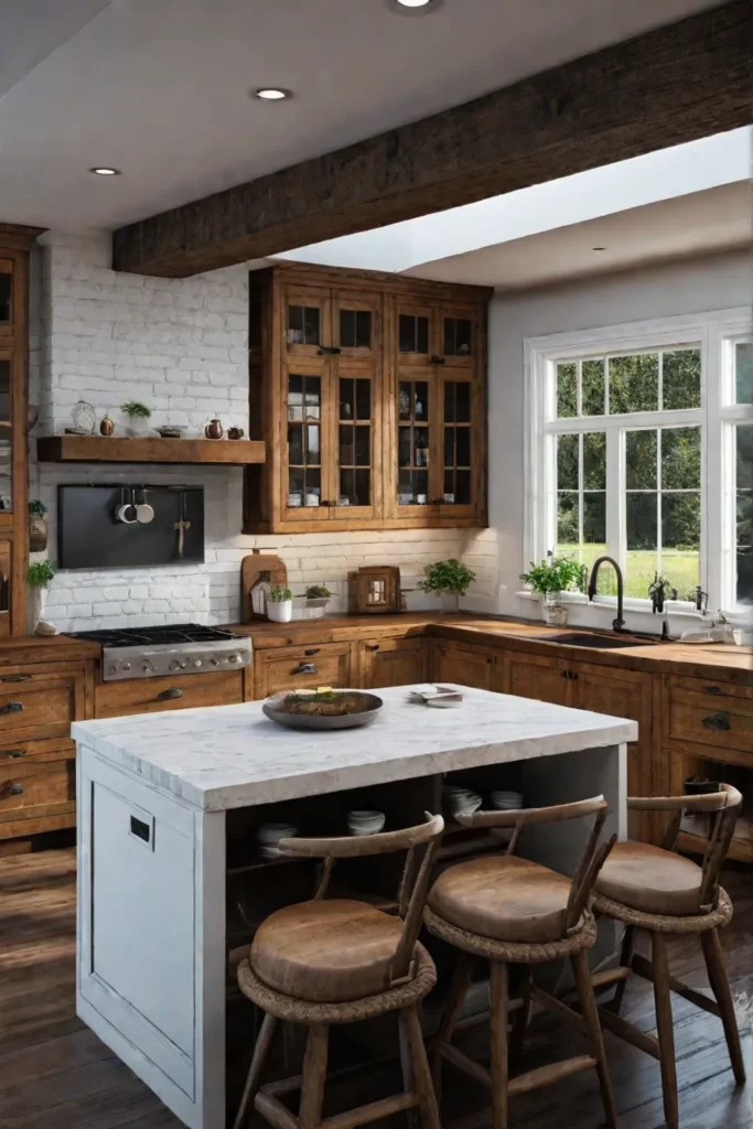 Farmhouse kitchen with distressed wood island and seating