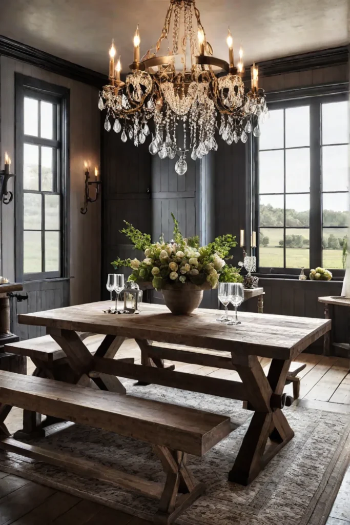 Farmhouse kitchen with distressed wood table and chandelier