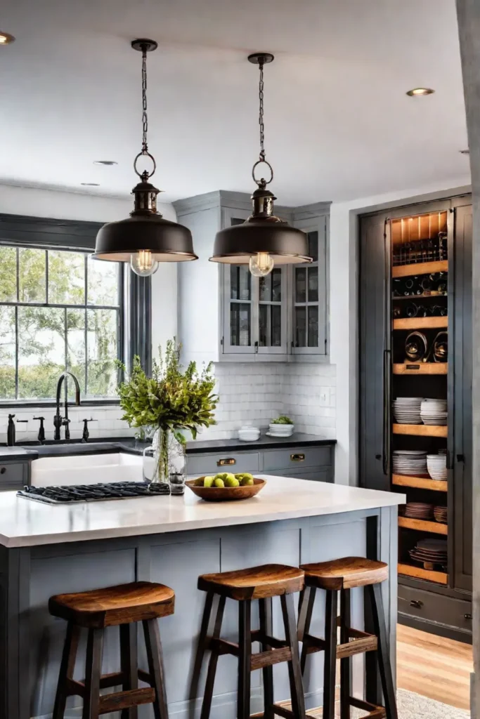 Farmhouse kitchen with industrial pendant light over island