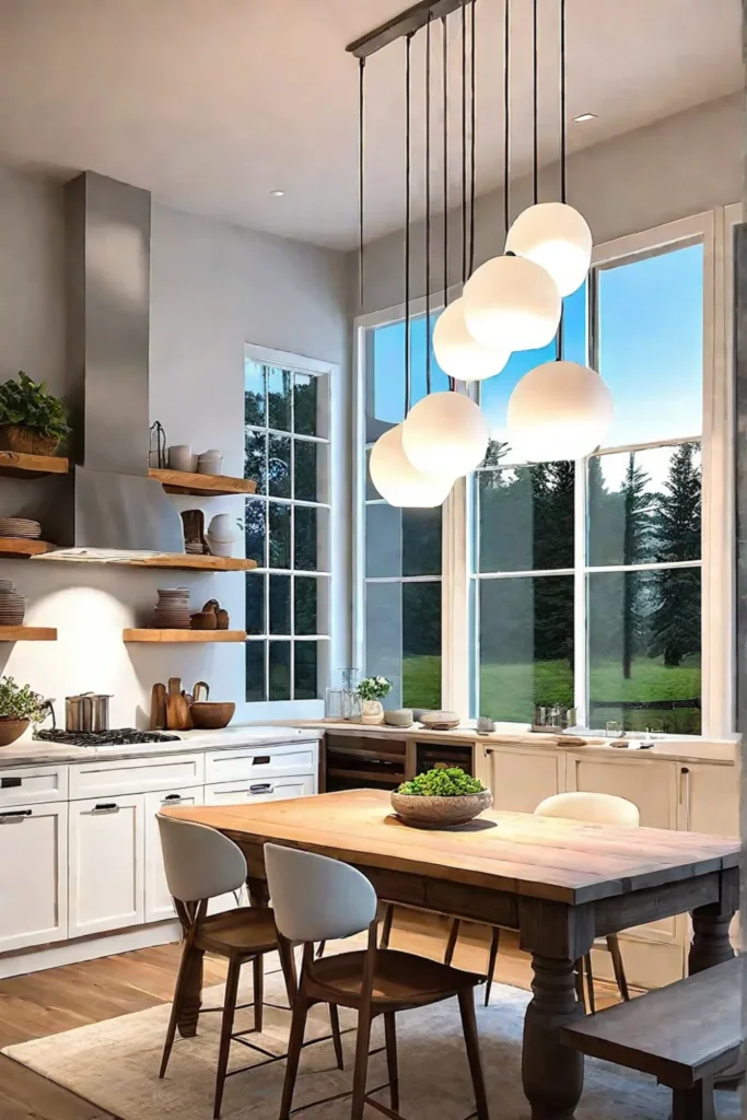 Farmhouse kitchen with natural light and strategic task lighting enhancing functionality
