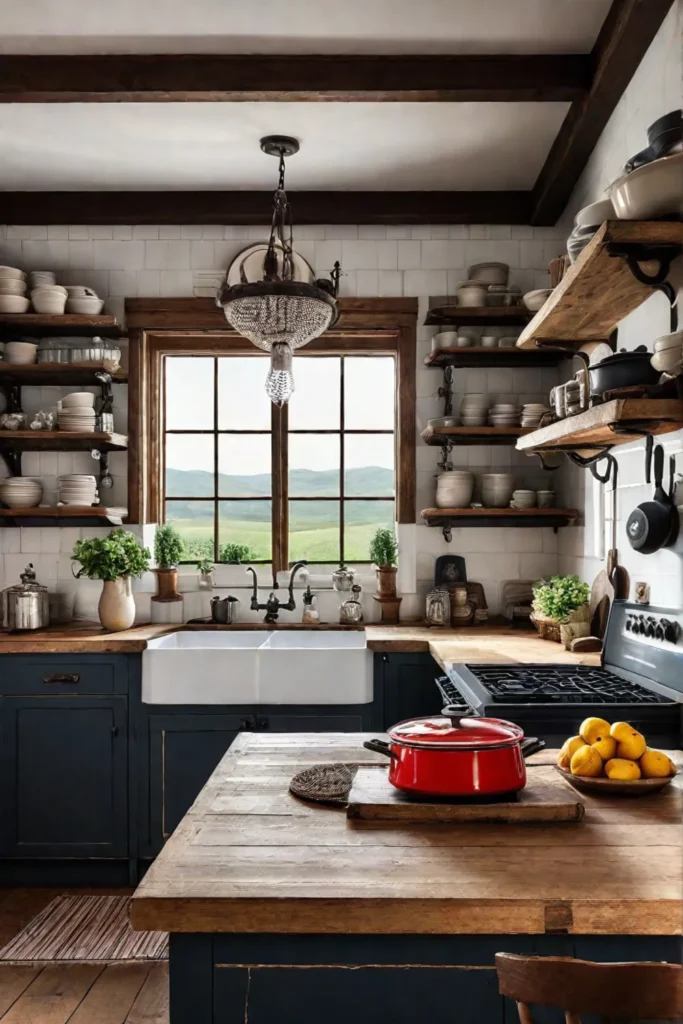 Farmhouse kitchen with open shelving and vintage stove
