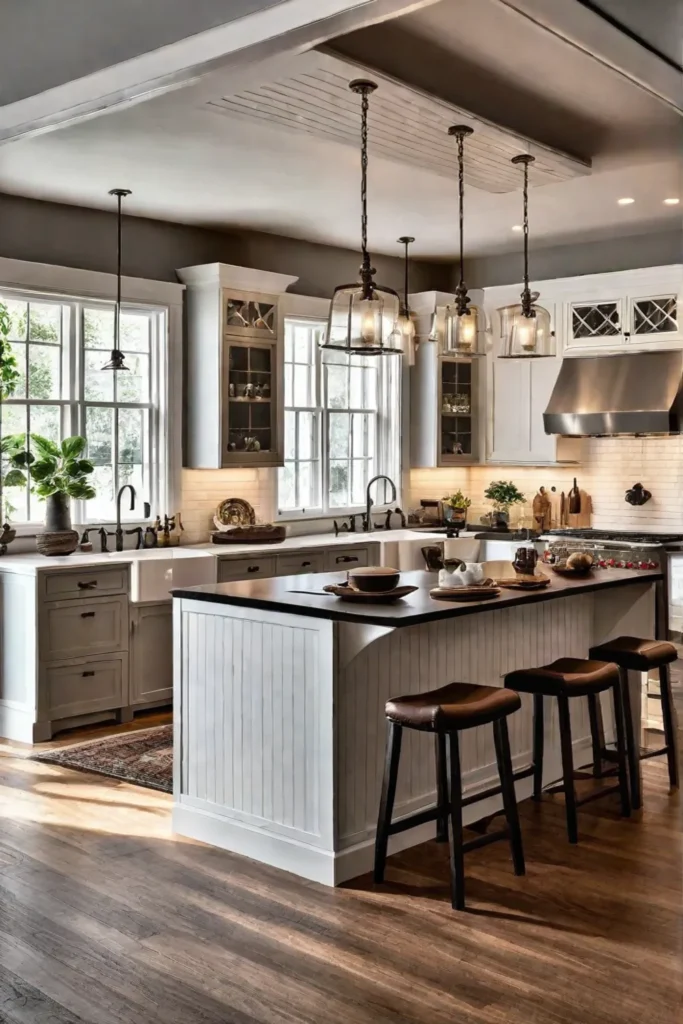 Farmhouse kitchen with pendant and undercabinet lighting