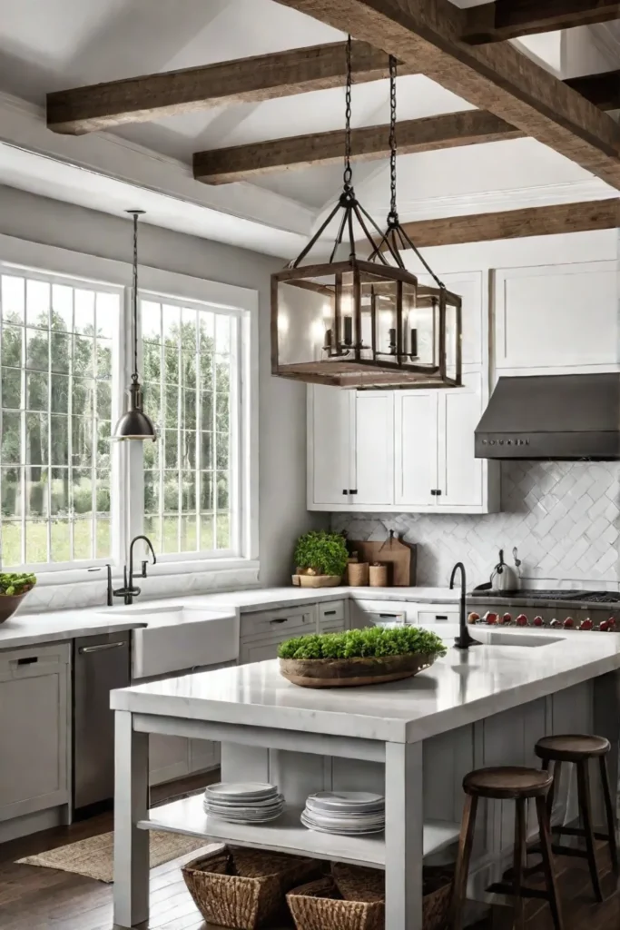 Farmhouse kitchen with pendant lights and chandelier