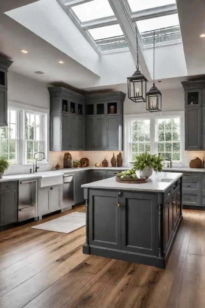 Farmhouse kitchen with skylight and recessed lighting