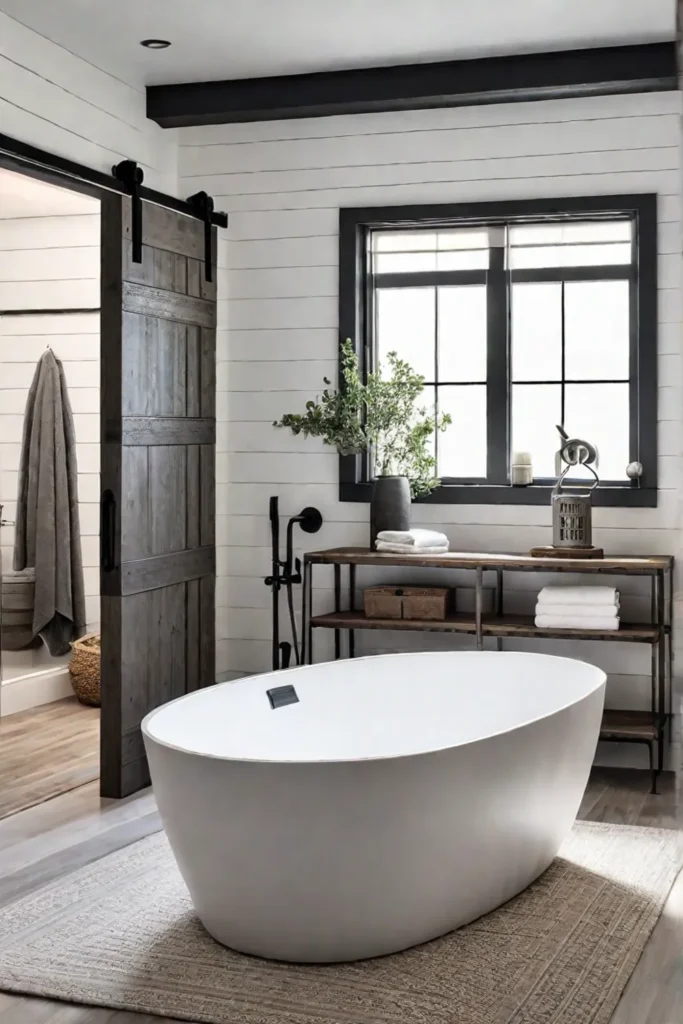 Farmhouse master bathroom with a vintage soaking tub and lowflow showerhead
