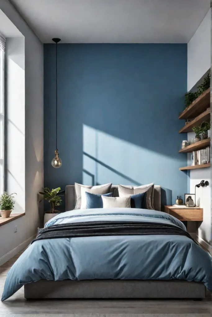 Floating shelves and blue accent wall in a tranquil bedroom