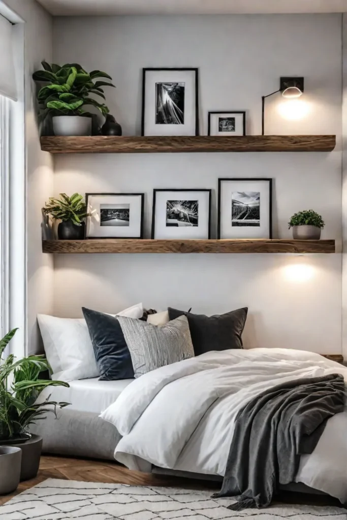 Floating shelves and ledges with framed photos and plants in a bedroom