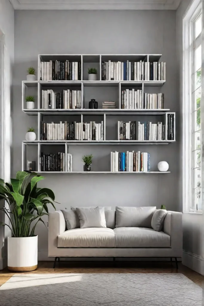 Floating shelves with modern decor and a minimalist aesthetic