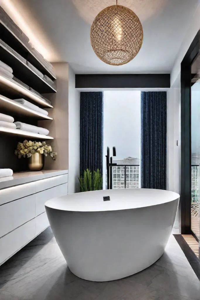 Floortoceiling custombuilt shelves maximize storage space around a freestanding bathtub