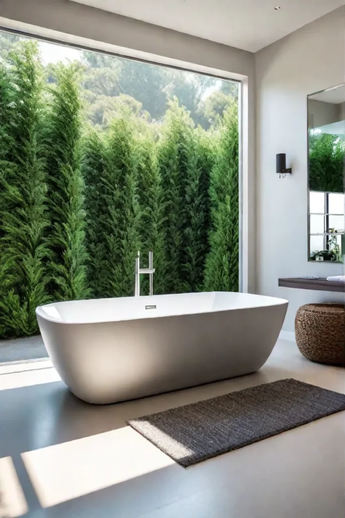 Freestanding bathtub by window overlooking garden