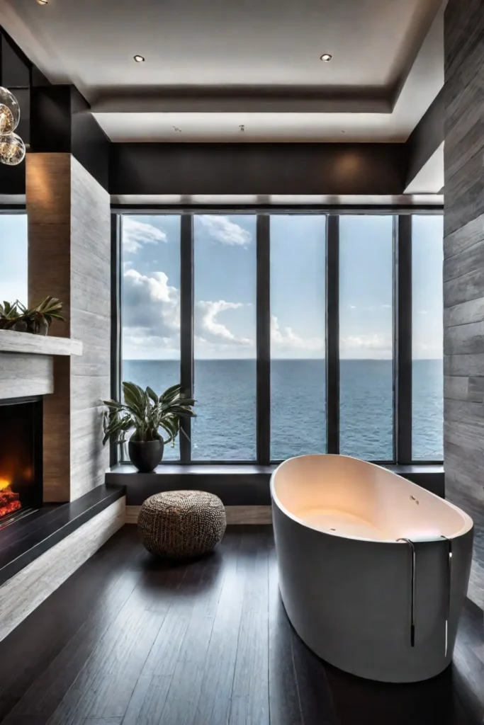 Freestanding bathtub in front of a fireplace