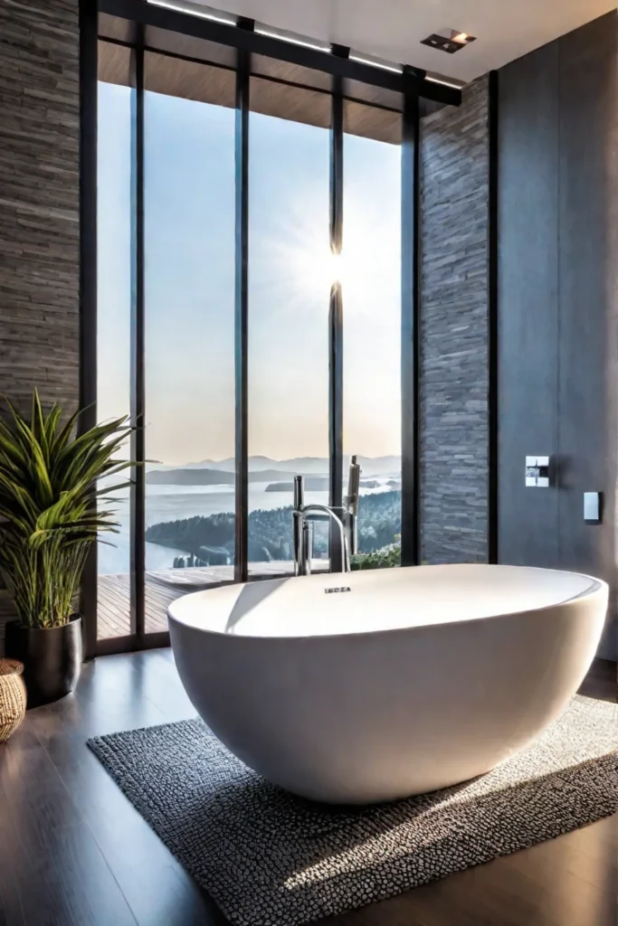 Freestanding bathtub with a view in a contemporary bathroom
