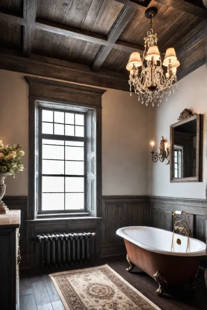 French country bathroom with wood beams a stone fireplace and a clawfoot