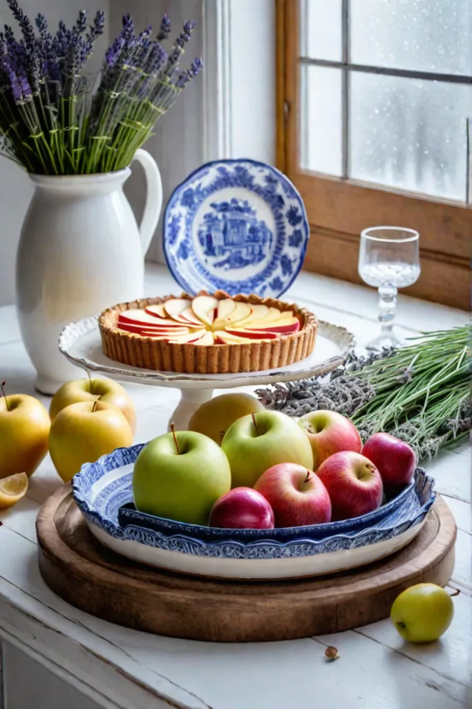 French country kitchen countertop display with wooden cake stand ceramic platter and