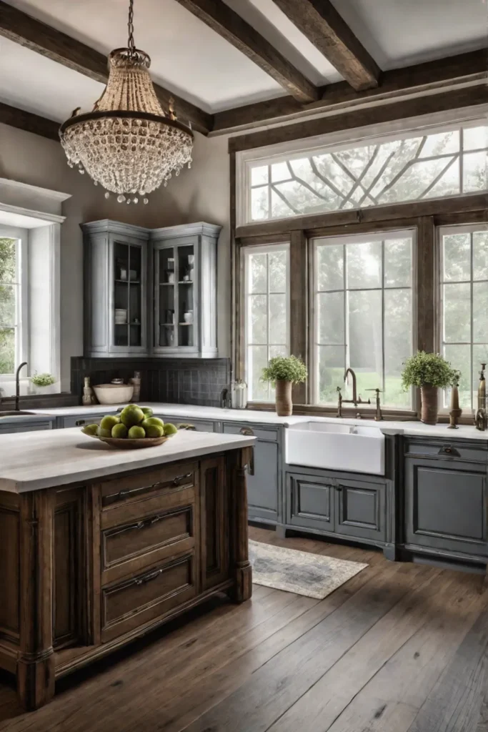 French country kitchen with chandelier and sconces