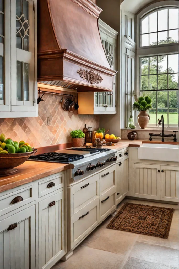 French country kitchen with travertine tile flooring and copper accents