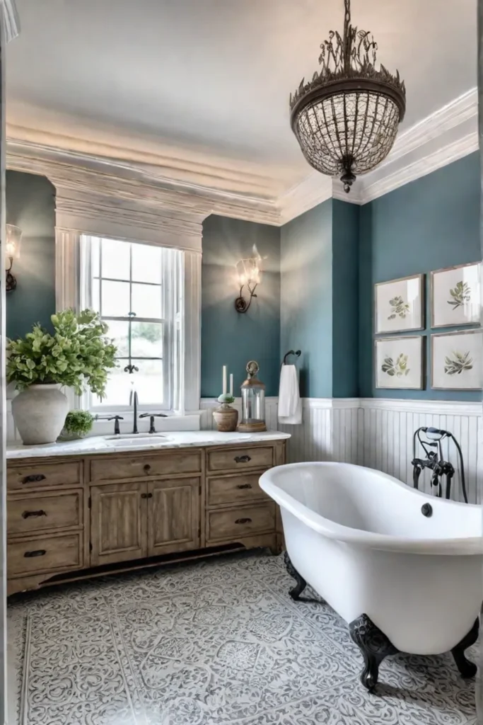 French country style master bathroom with a distressed vanity clawfoot tub and