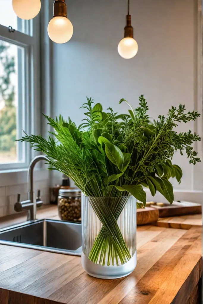 Fresh herbs beside a stainless steel refrigerator in a cozy kitchen