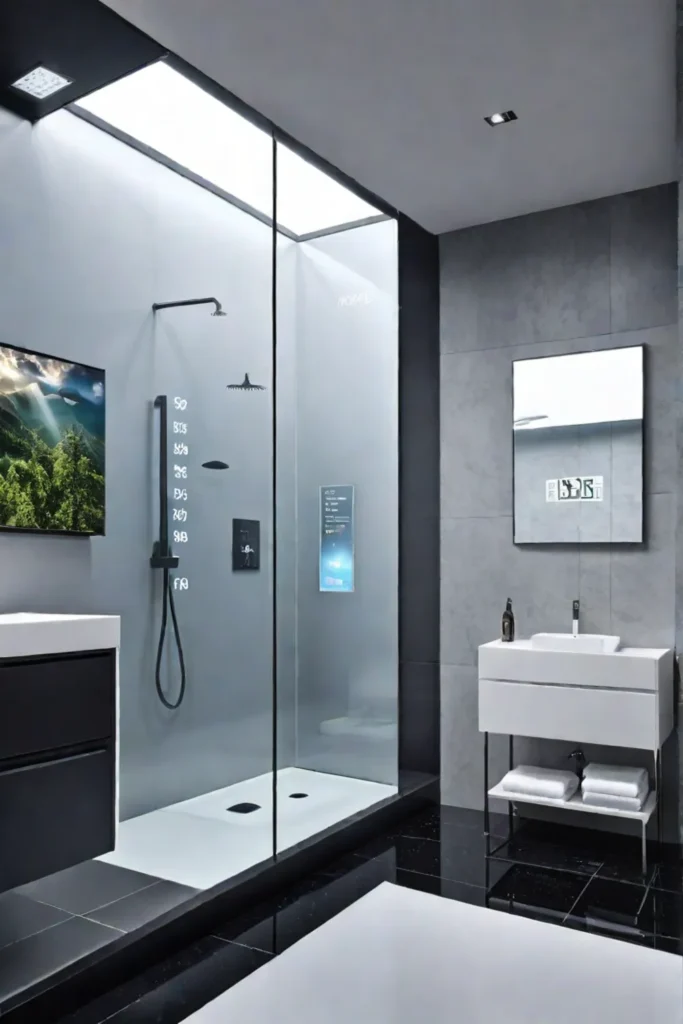 Futuristic bathroom with smart mirror and voiceactivated shower