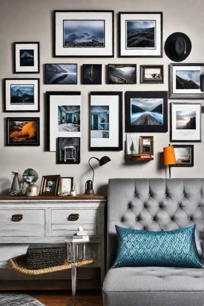 Gallery wall showcasing curated art in a cozy bedroom