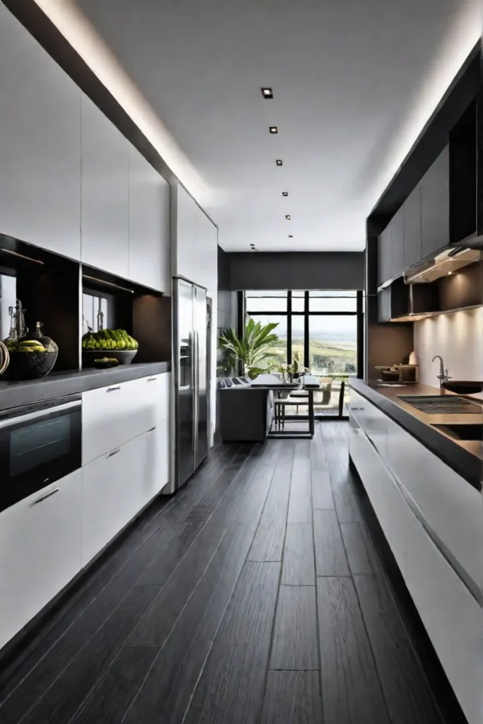 Galley kitchen with dark laminate flooring resembling slate
