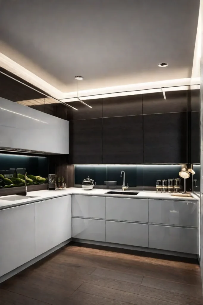 Galley kitchen with track and undercabinet lighting