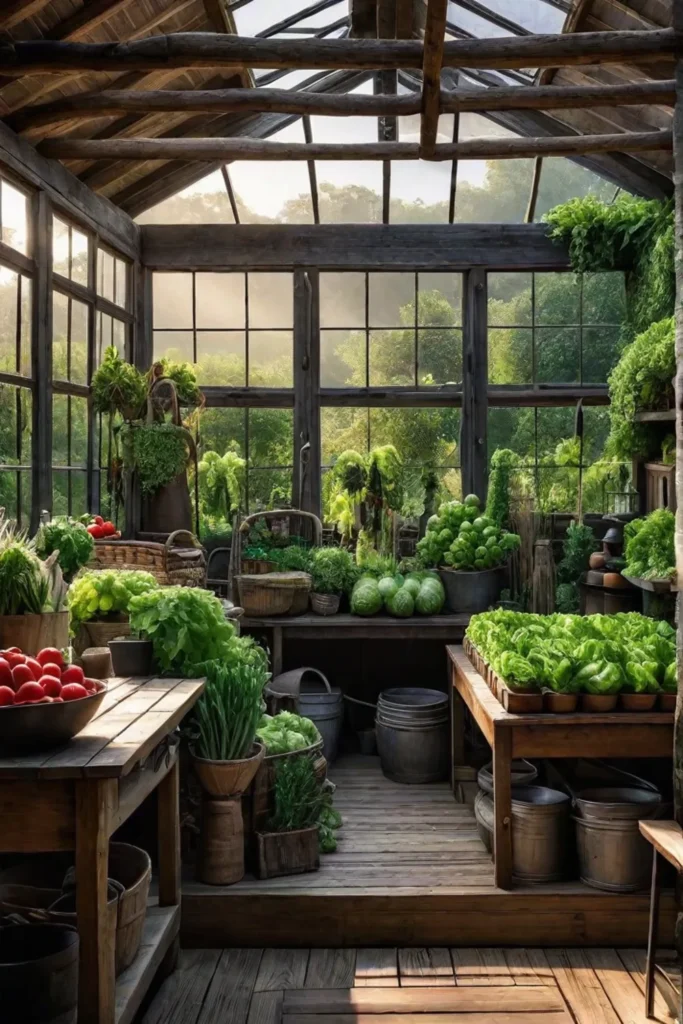 Garden shed surrounded by a companionplanted vegetable garden