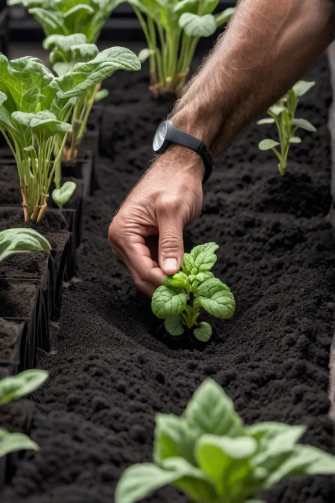 Gentle hands nurturing a young vegetable seedling
