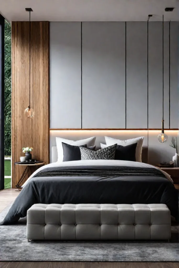 Geometric wall hanging in a contemporary and modern bedroom
