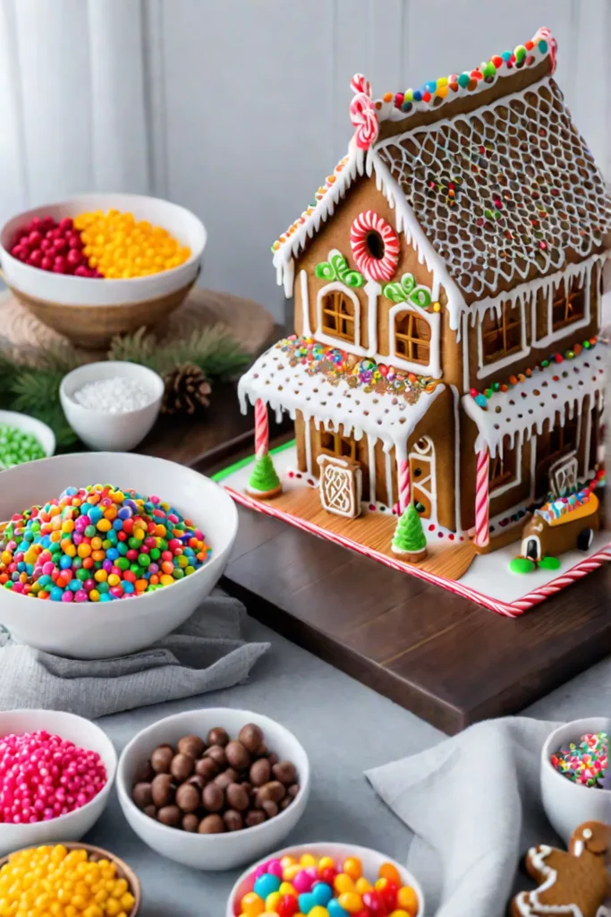 Gingerbread house kits and decorations on a countertop