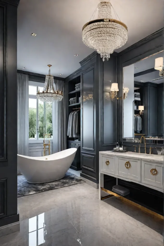 Glamorous bathroom with crystal chandelier and mirrored vanity