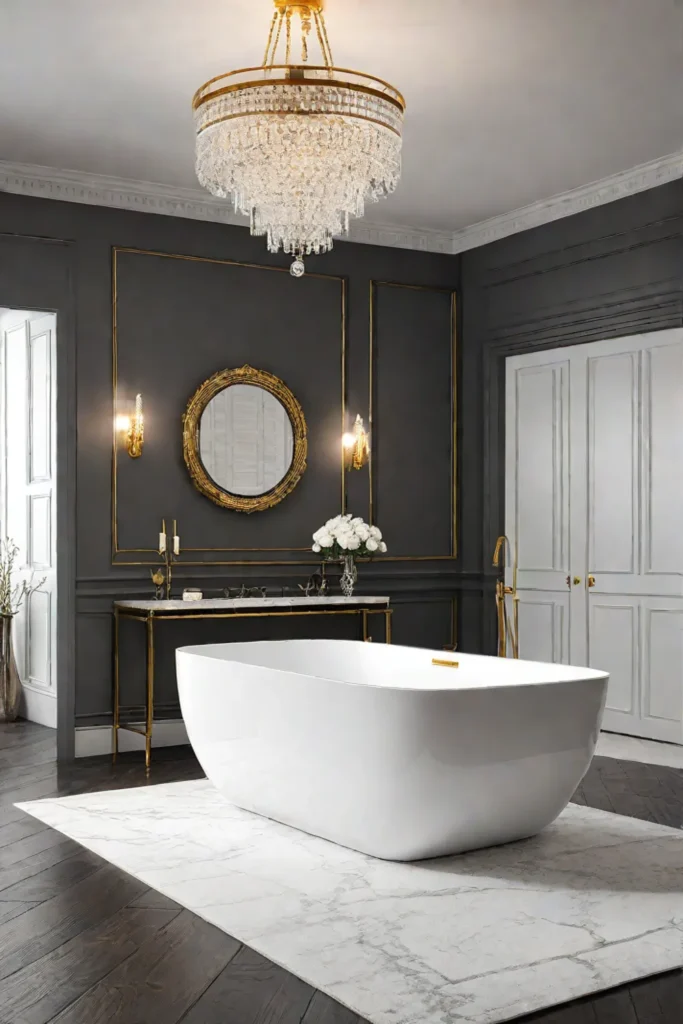 Glamorous bathroom with marble floor and crystal chandelier
