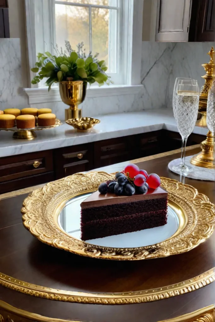 Glamorous kitchen countertop display with gold cake stand mirrored platter and crystal