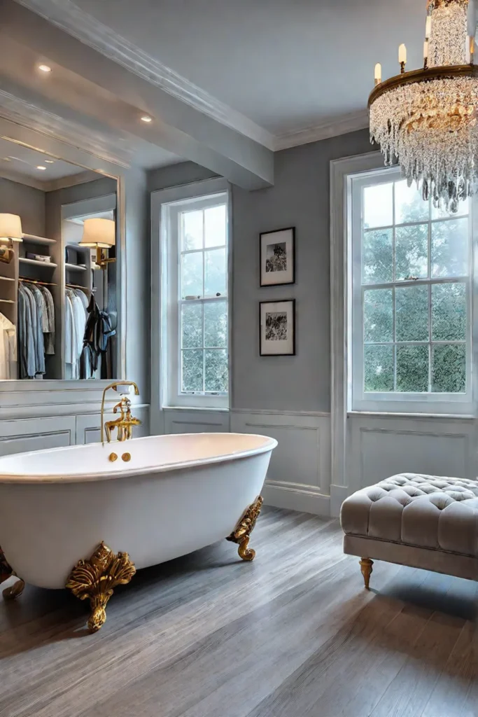 Glamorous master bathroom with a crystal chandelier marble vanity and a velvet