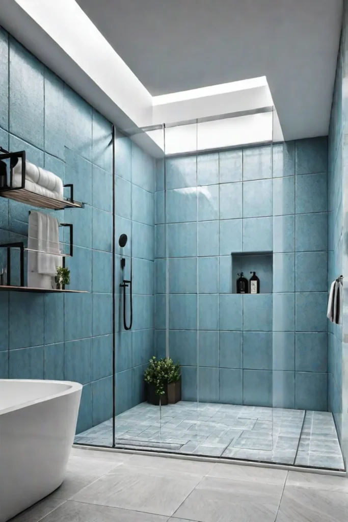 Glass shower doors revealing white tile and grout
