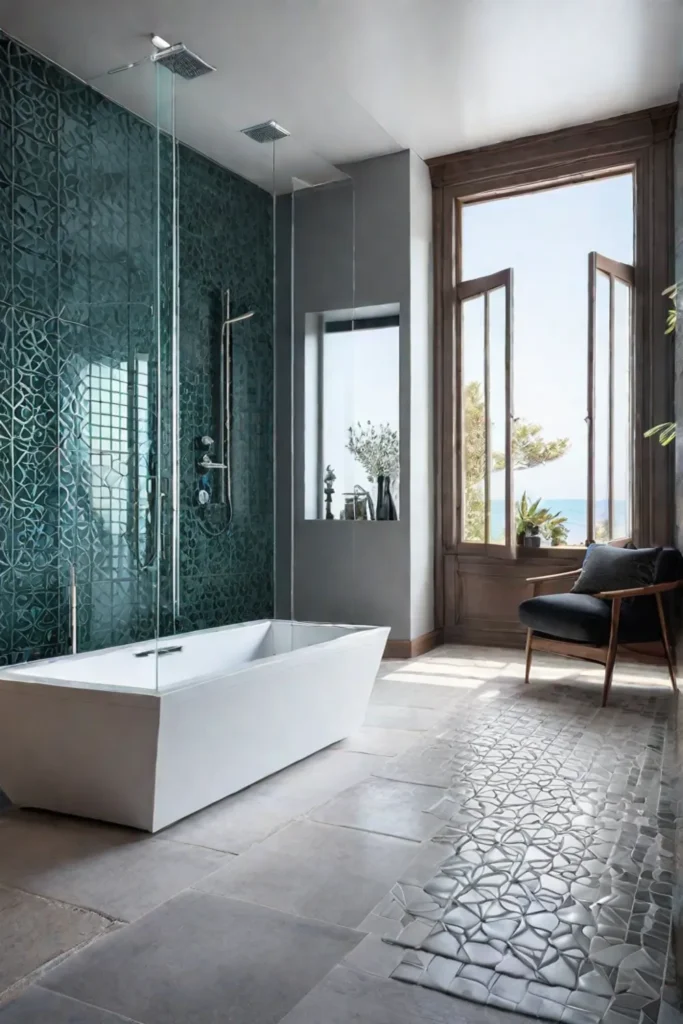 Glass and stone mosaic shower walls