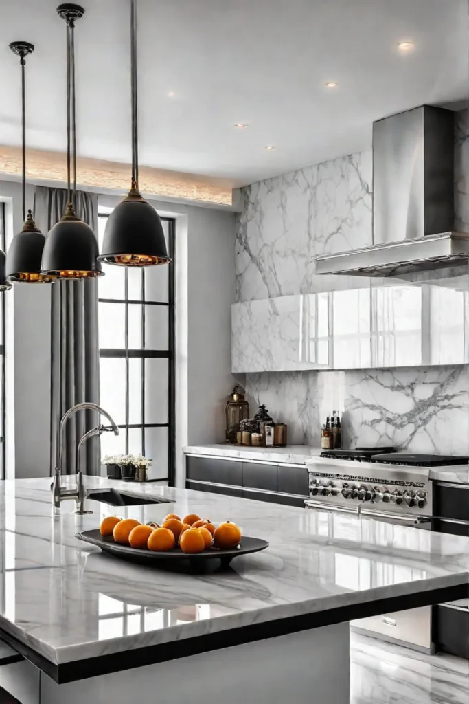 Glazed kitchen cabinets with white marble