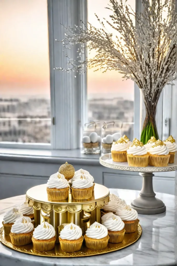 Gold and white holiday decor with cupcakes and macarons