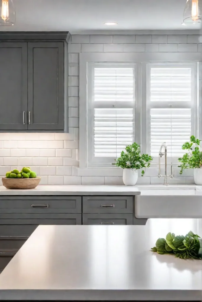 Gray quartz countertops and white cabinetry kitchen