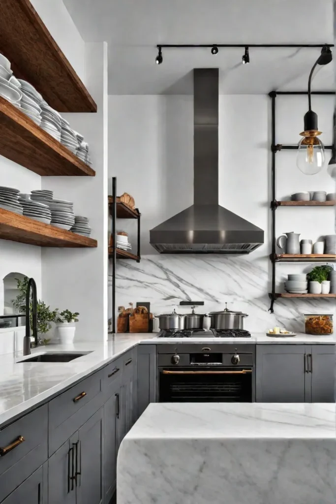 Gray and white galley kitchen with open shelving