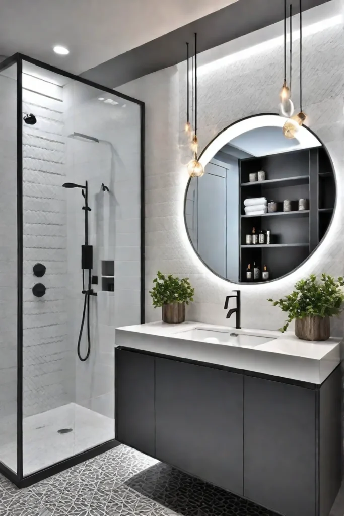 Gray and white tiles in a geometric pattern with a floating vanity