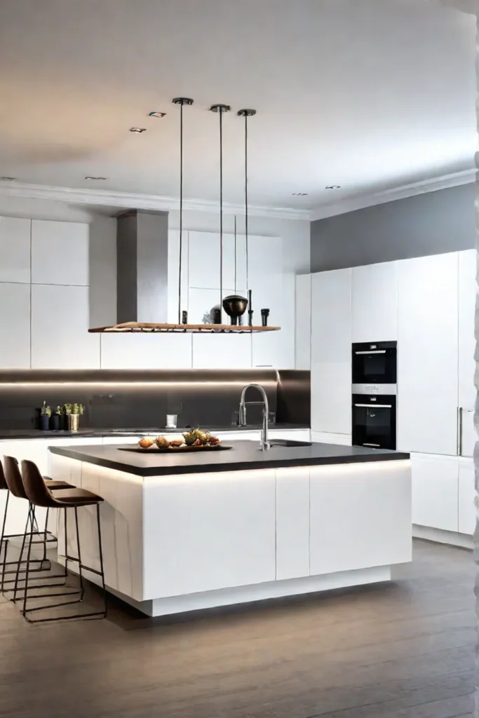 Handleless white cabinetry and waterfall island kitchen