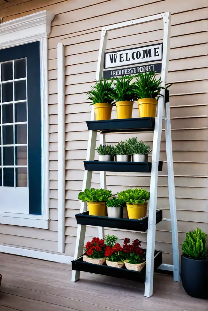 Handpainted welcome sign on a porch with a ladder shelf