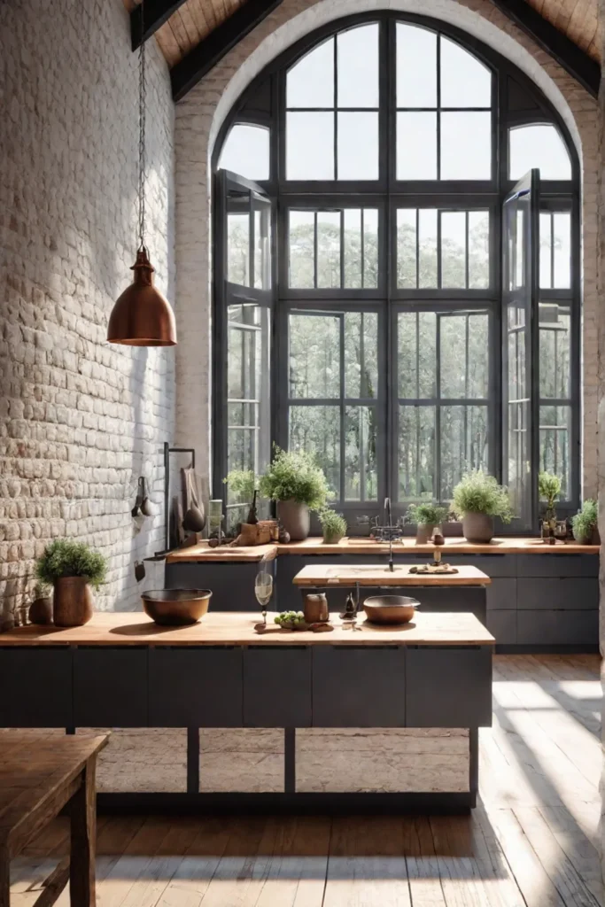 Hanging copper pots and pans in a sunlit kitchen