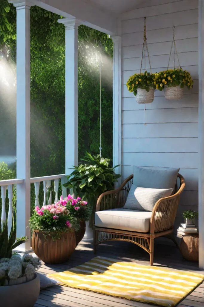 Hanging planter with cascading flowers on a porch